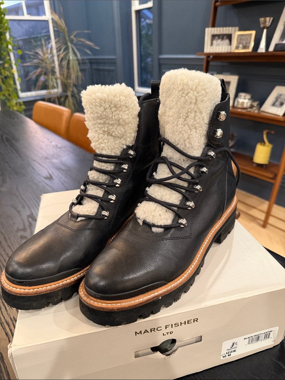 Marc Fisher Black Leather Shearling-Trim Combat Boots
